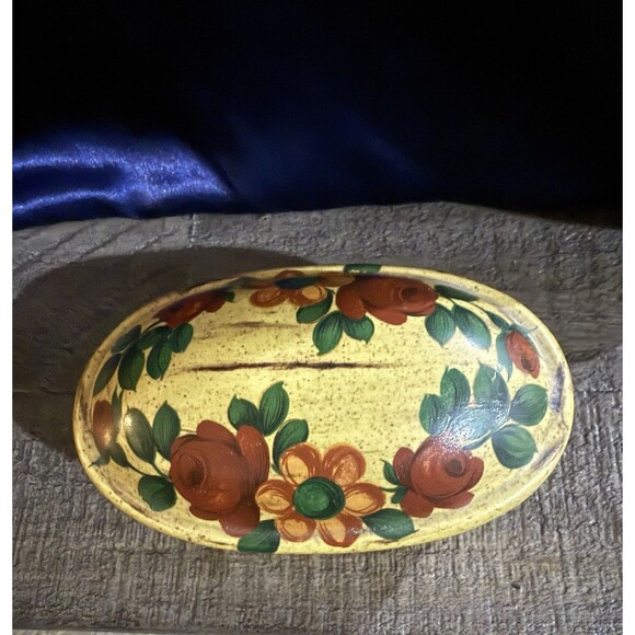Vintage Hand Painted Trinket Dish Box w/ Lid Floral Small * Small Chip Under Lid - Picture 2 of 7